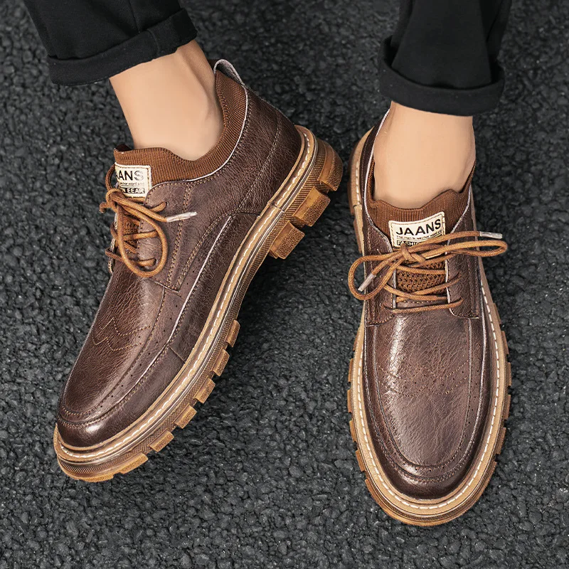 

Men's Genuine Leather Shoes Fashion Casual Shoes Tooling Boots Winter Ankle Boots British Style Round Head Leather Dress Shoes