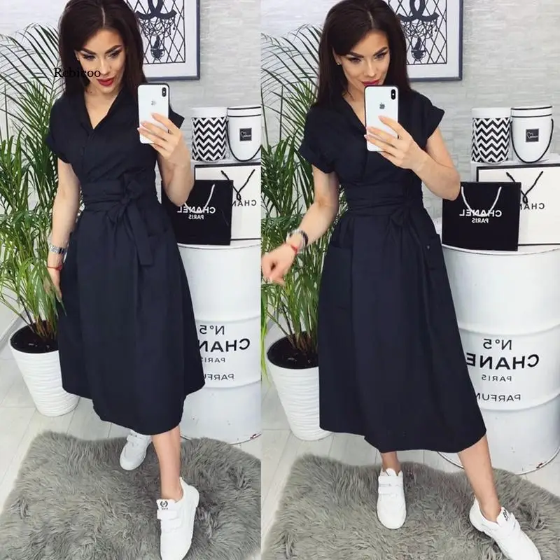 

2021 Summer Office Ladies Ladies Casual Belt A-Line Skirt Ladies Short Sleeve V-Neck Fashion Mini Party Dress