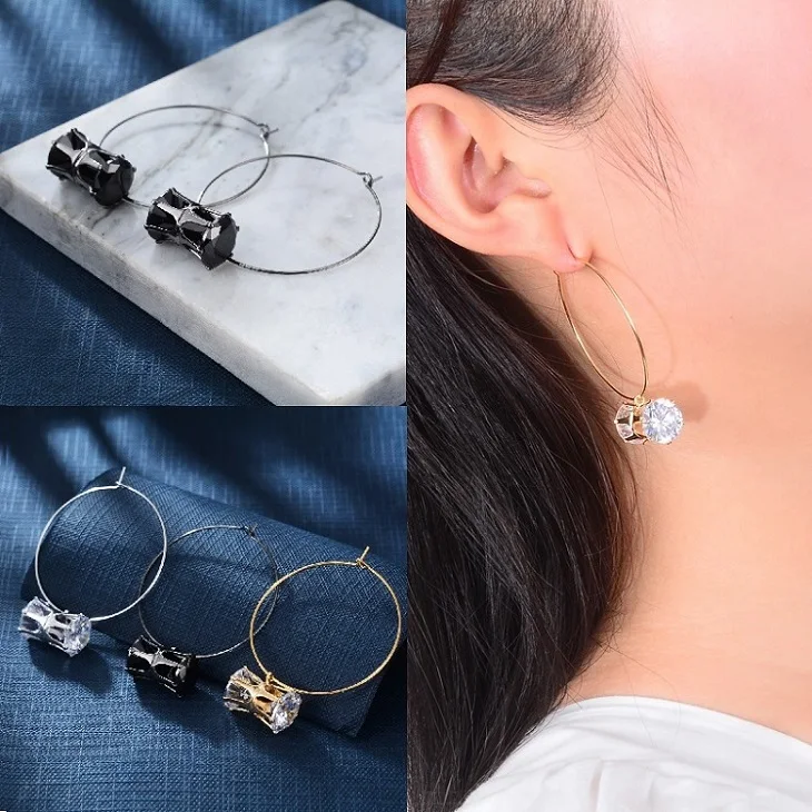 black zircon hoop Винтаж корейской моды Chic серебро большой обруч серьги Kpop цирконий жемчуг длинные кисточки серьги для женщин заявление свадьба - Окраска металла: black zircon hoop