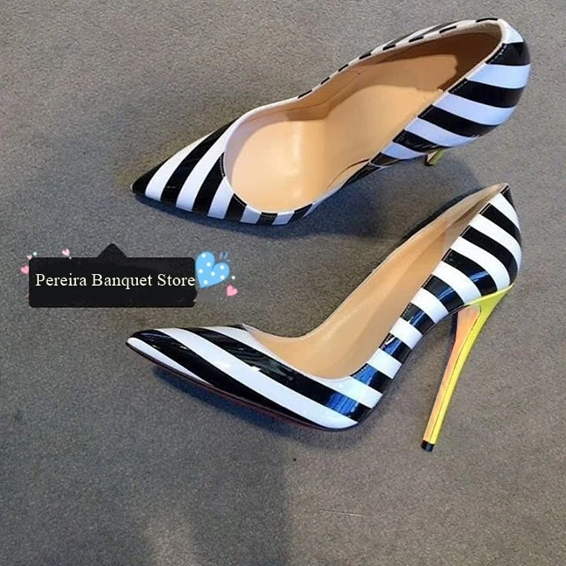 

Sexy Yellow Heels Zebra Stripe Stiletto 12CM Heels Shoes Black White High Heel Pumps Pointed Toe Patchwork Banquet Shoes Size 45