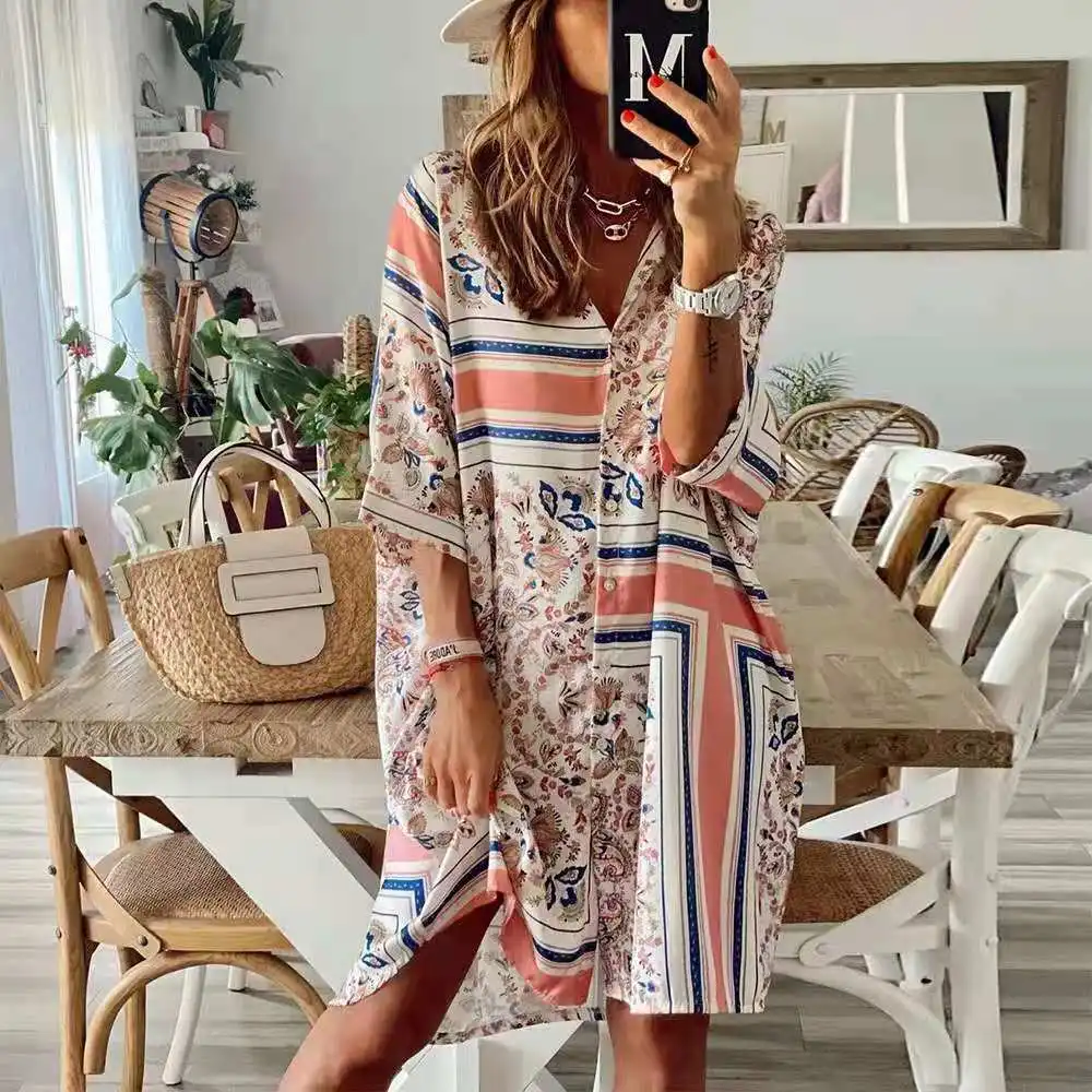 

Traf 2021 Loose Bohemian Style Dress Print Geometric Pattern POLO Neck Robe Summer Women Casual Beach Vacation Mini Dresses Za