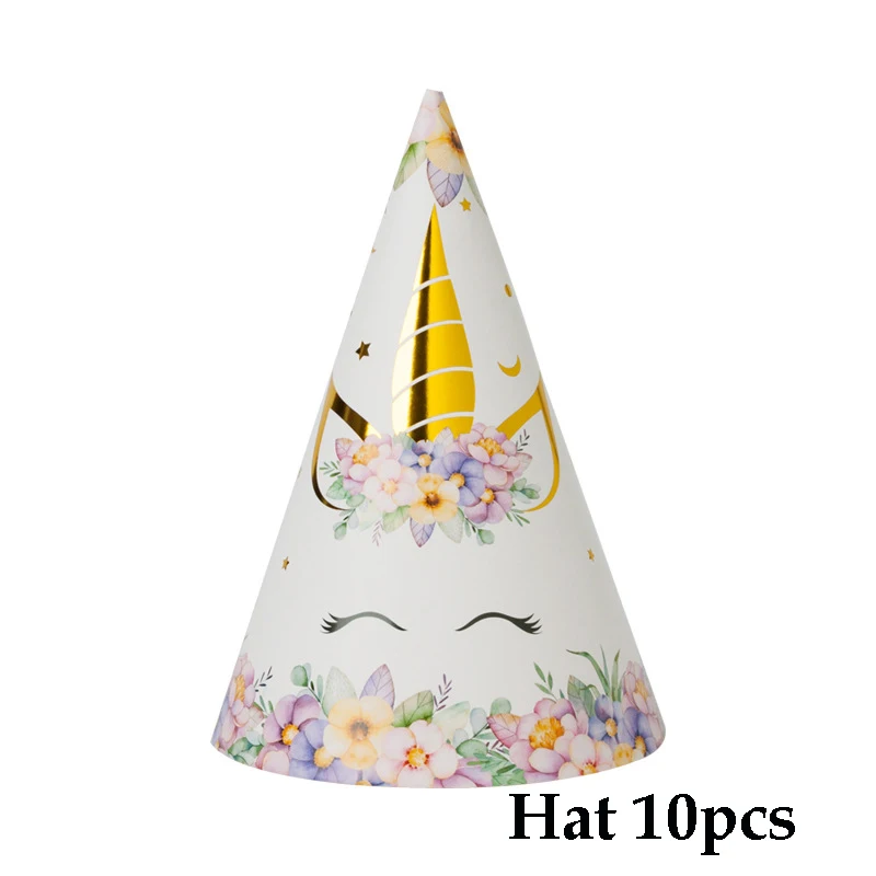 hat 10pcs Розовый Единорог тема вечерние Принадлежности Декор для детского дня рождения бумажные тарелки чашка шапка с рисунком ребенок душ девочка одноразовая посуда - Цвет: hat 10pcs