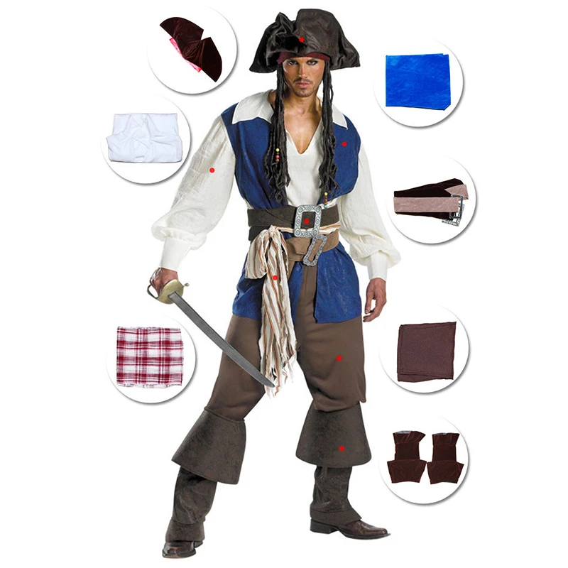 

2022 Halloween Mens High Seas Pirate Costume 7pcs Captain Jack Sparrow Cosplay Suit Carnival Party Fancy Male Outfit