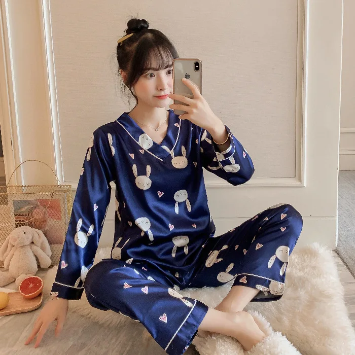 Pajamas Set Women's Silk V-neck Long-sleeved Summer and Autumn Ice Silk Ladies Home Service Suit Satin Nightwear Cartoon Pajamas