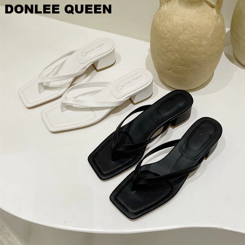2020 New Fashion Square Toe Heels Slippers Women Slip On Slides Narrow Band Sandal Summer Shoes Beach Flip Flops Outdoor Slipper | Обувь