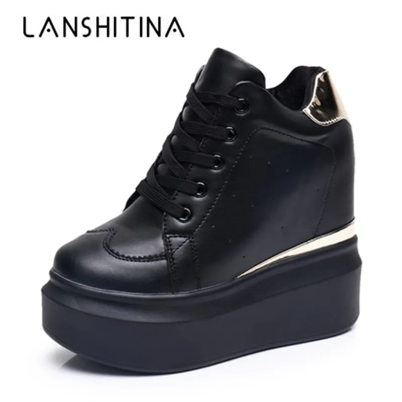 

2020 Women High Platform Shoes Autumn Breathable Leather Casual Shoes Height Increasing Shoes 12 CM Thick Sole Ladies Sneakers