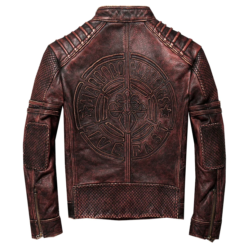 

Vintage Genuine Motorcycle Jacket 2020 Men's Heavy Zipper Plus Size 5XL Slim Fit Cowhide Biker Leather Coat Free