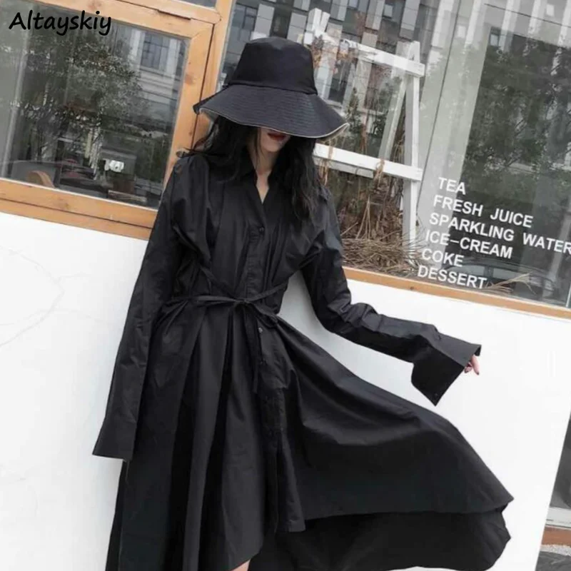 

Solid Dresses Women Spring Autumn Irregular Hem Chic Elegant Ankle-length Cool Korean Style V-neck Chic Trendy Popular Vestido