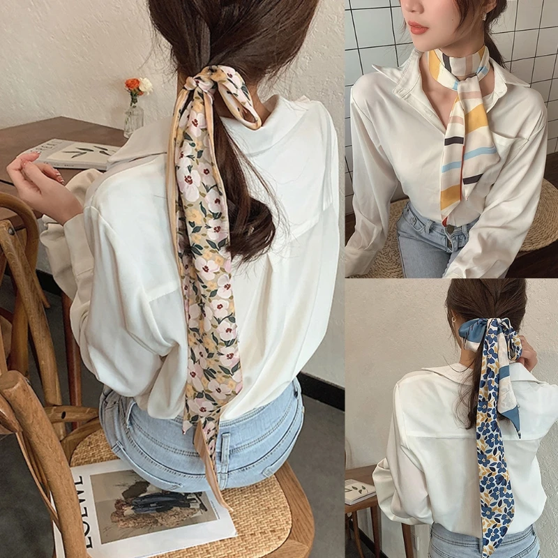 

140cm Women Vintage Silky Long Skinny Neck Scarf Floral Striped Printed Office Lady Elegant Neckerchief Ponytail Hairband