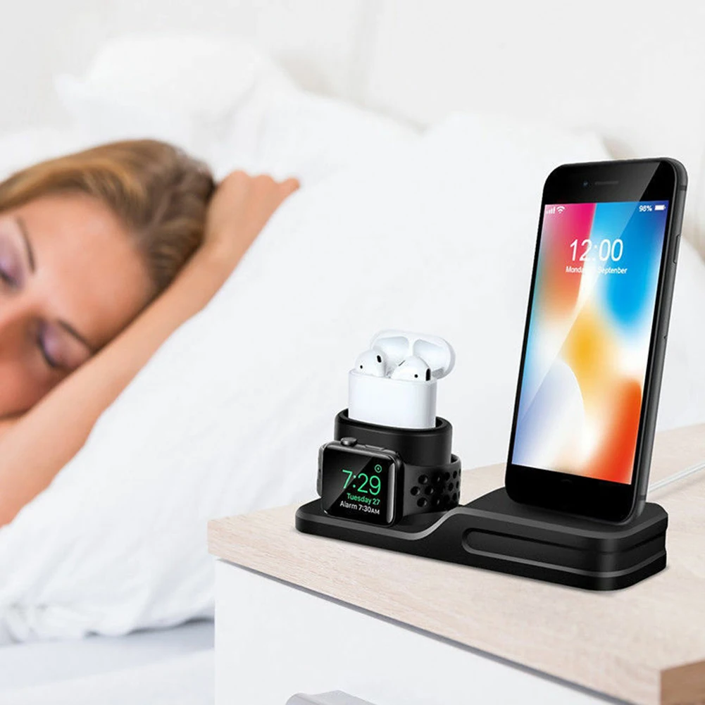 Силиконовая док станция 3 в 1 держатель для iPhone X XR XS Max iWatch AirPods подставка