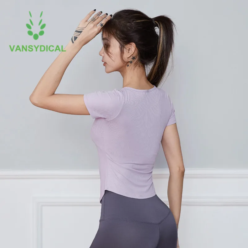 

New Gym Yoga Shirts Tops Women V-neck Sports Workout Short Sleeve Slim Summer Fitness Training Running Sportswear Side Folds