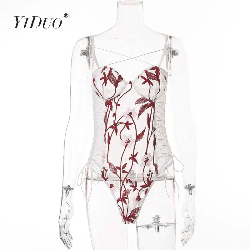 

YiDuo Sexy Flower Embroidery Bodysuit Women Transparent Bodys Bodycon Bandage White Mesh Lace Bodysuits Clubwear