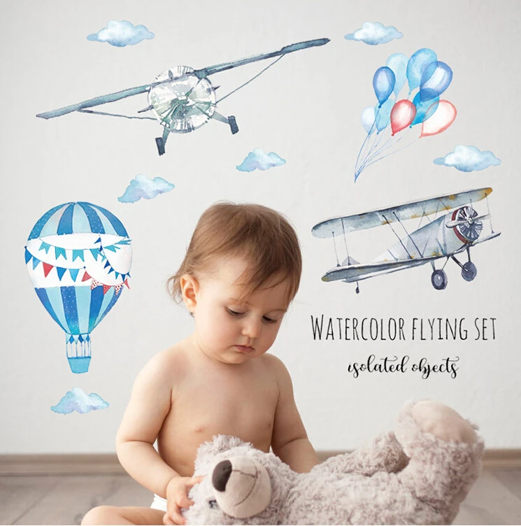 Креативные самолеты с акварелью и воздушными шарами настенные наклейки сделай