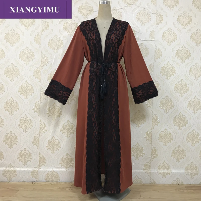 F820 Fashion Adult lace embroidered Robe Dress Muslim Turkish Dubai Abaya Musulman Arab Worship Service - Цвет: Коричневый