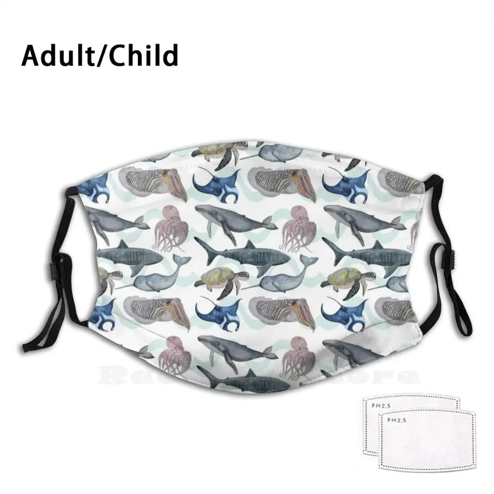 

Under The Sea Print Washable Filter Anti Dust Mouth Mask Ocean Sea Waves Fish Shark Whale Narwhal Ray Cuttlefish Sea Turtle