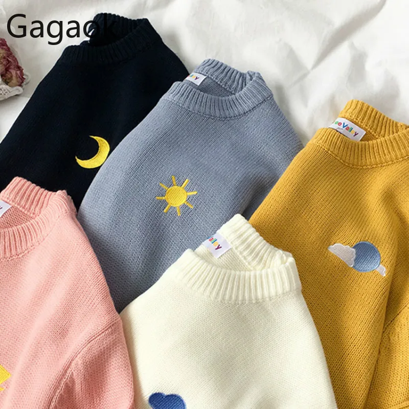Gagaok сладкий вязаный свитер с вышивкой для женщин милый Солнце Луна Дождь Топ