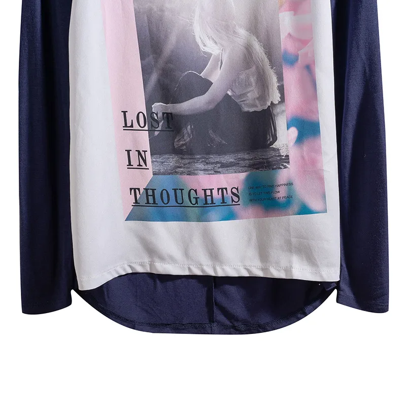 

Fashion Cheapest Price Spring 2021 Blue T Shirt Women Fashion O Neck Pullovers Tee Asymmetry Patchwork T-shirt Women