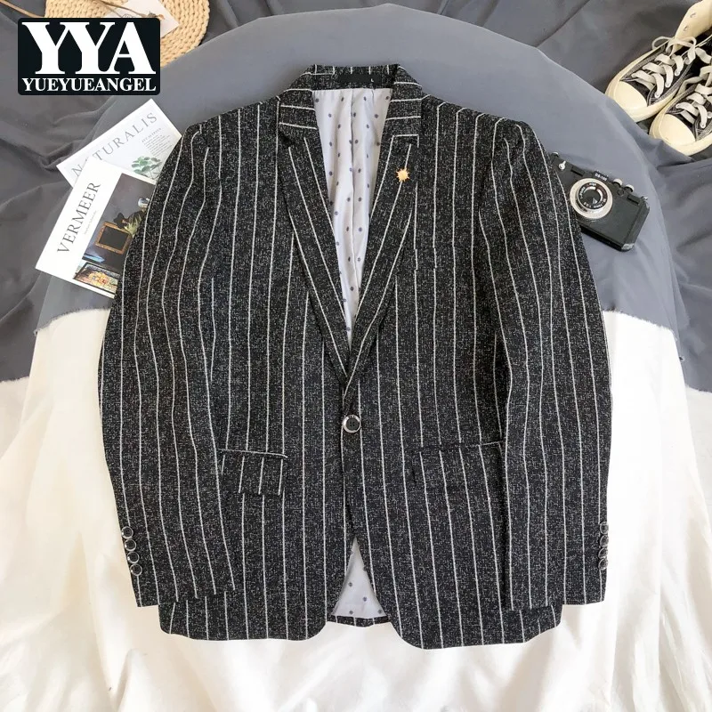 

Autumn Winter Men Business Casual Suit Jacket Turn-Down Collar Single Button Slim Fit Striped Blazer Korean Style Fashion Design