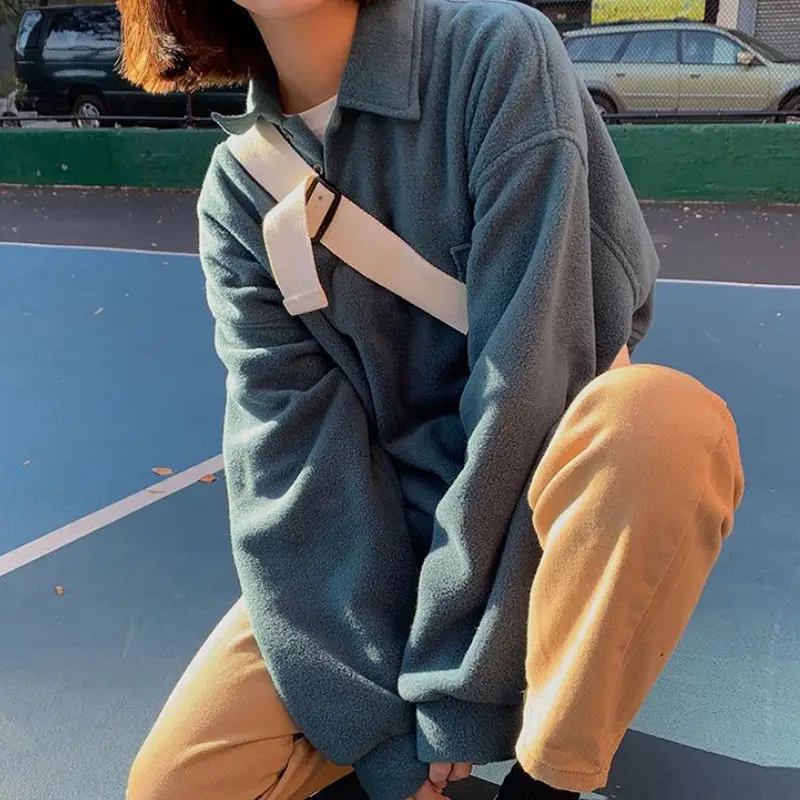 Осенние теплые флисовые толстовки женские свободные однотонные модные