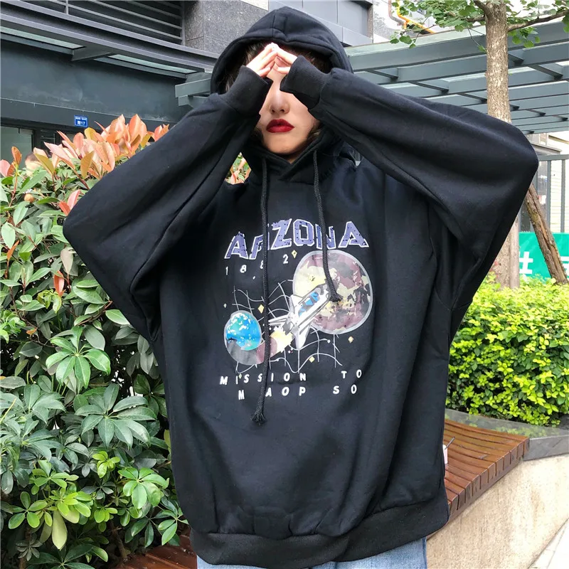 Paris Girl Women Loose Restore Star Airship Printing Black Thin Pullover O-neck Hoddie Sweatshirt Girls White Gray Hoodies