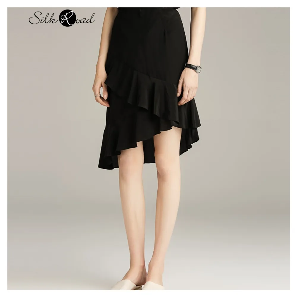 Silviye Irregular arc double ruffles black silk skirt women's high waist with A-line skirt blusas mujer de moda 2020