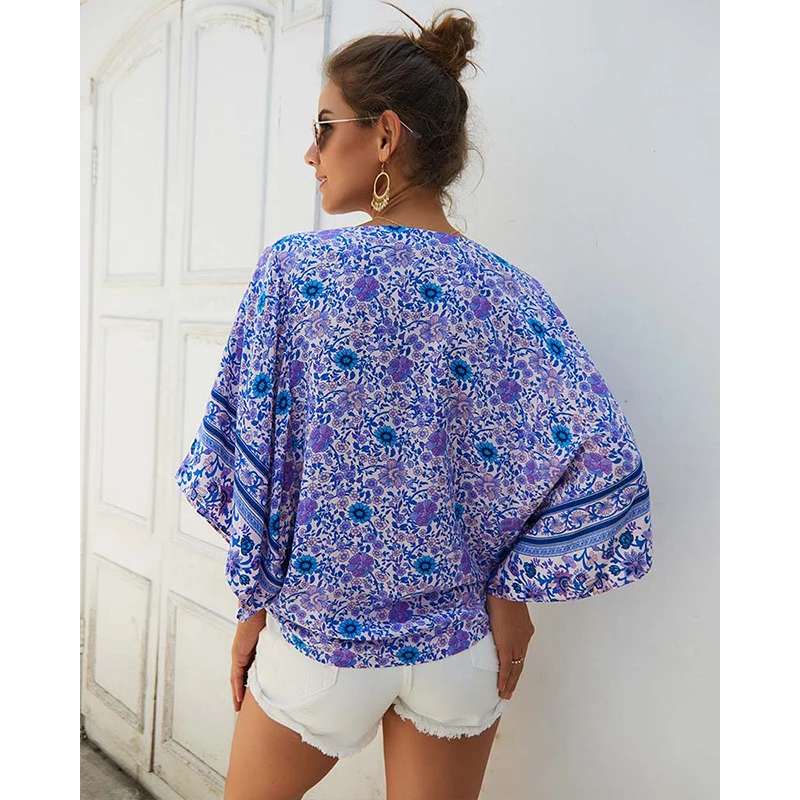 

Bohemian Loose Floral Women Blouse Sexy V-Neck Batwing Sleeve Button Boho Lady Blouses W280