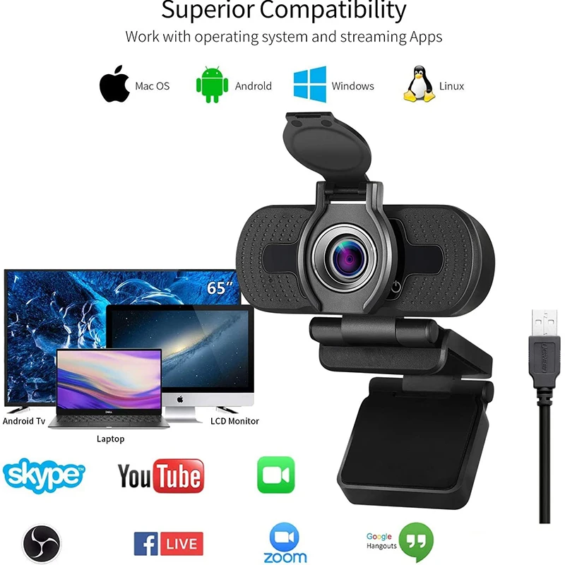 

HD 1080P Webcam with Microphone Rotatable USB Webcam for Live Streaming Computer Web Camera Privacy Cam Video Recording Work