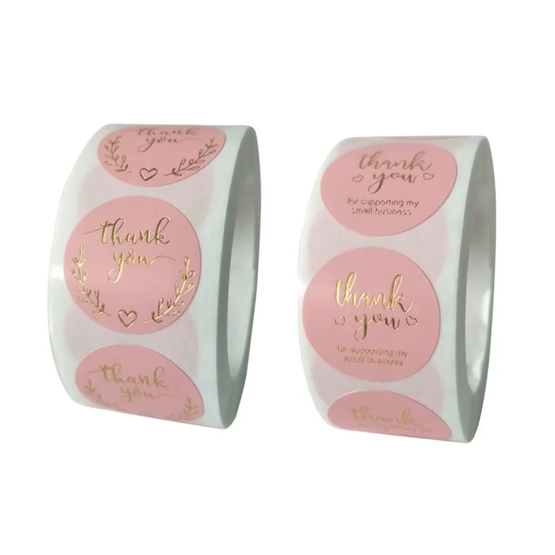 

5000pcs/lot wholesale Bronzing THANK YOU Pink Round Sticker Label Masking gloss stickers handmade label DIY