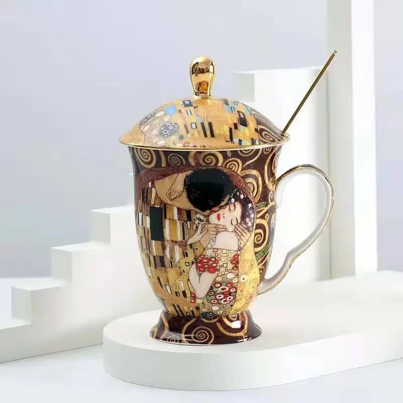 

Coffee Mug with lid and spoon Bone China Antient Klimt painting Tea cups with lid Luxury Gift