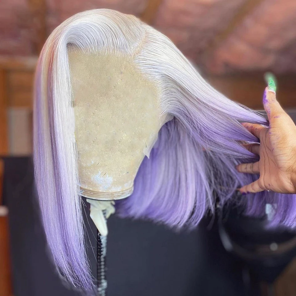 

Ombre Purple Short Cut Bob 13x4Lace Frontal Human Hair Wig For Black Women Babyhair Natural Hairline Remy Brazilian Glueless