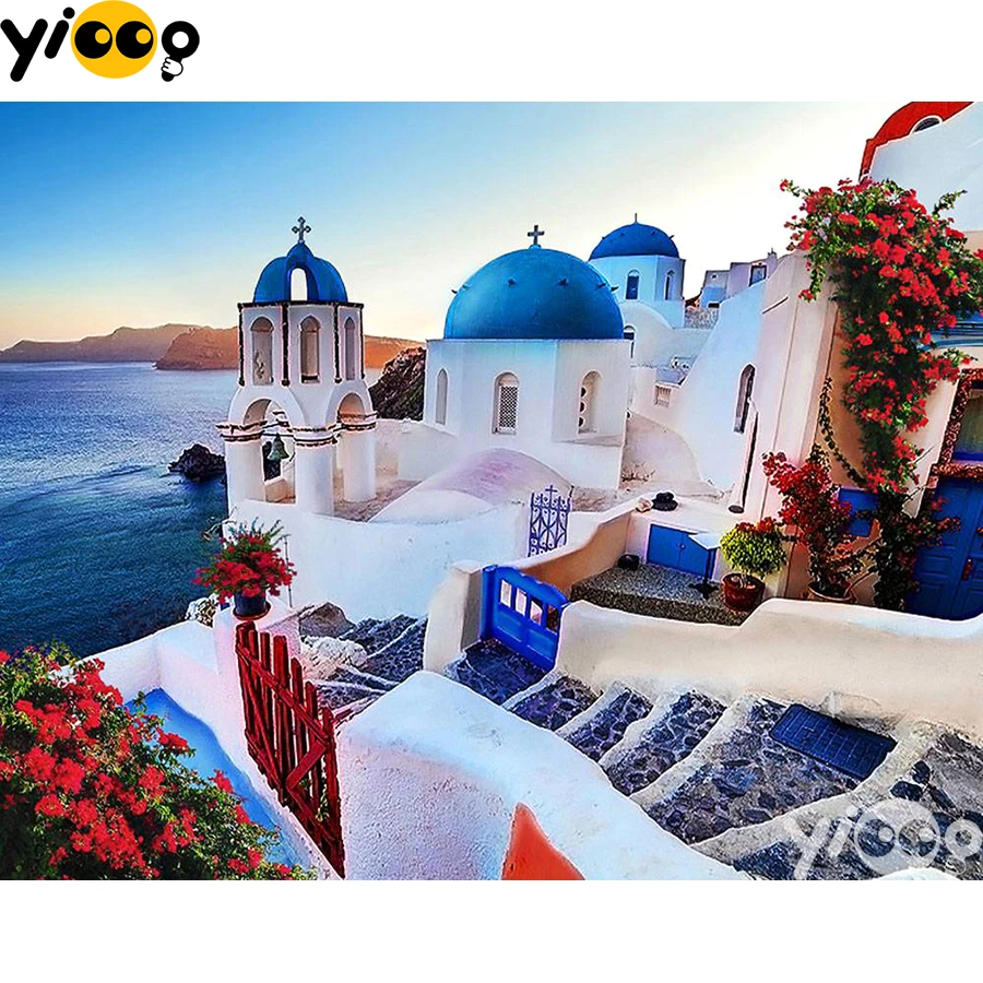 

Full Square/Round Drill Diamond Painting Embroidery Santorini Landscape Rhinestone Mosaic Cross Stitch Decor Gift BX1301