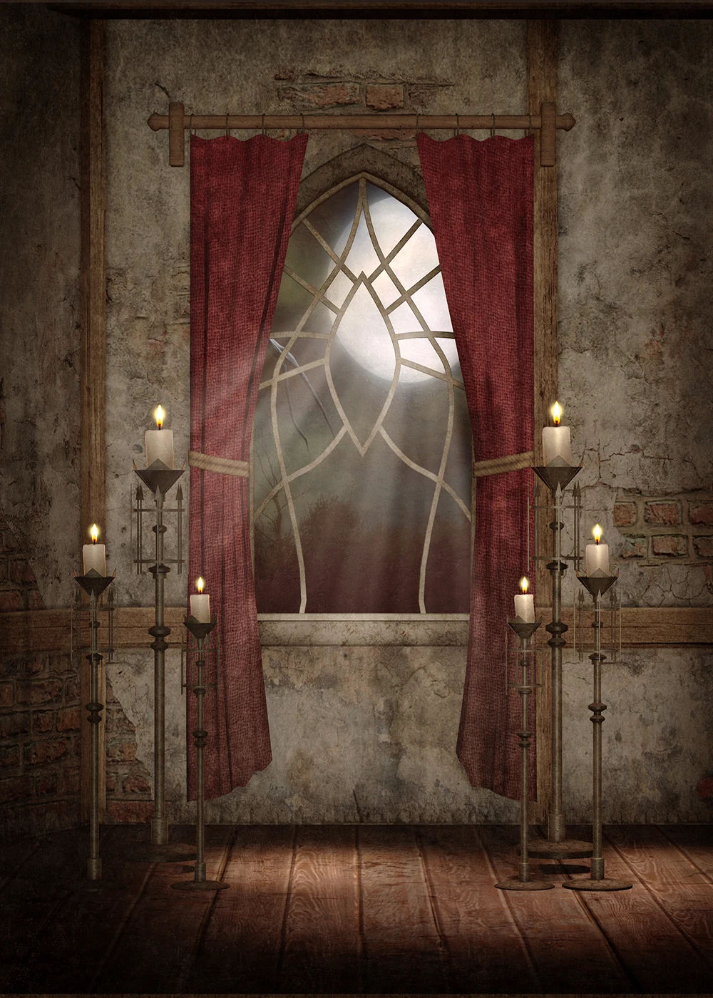 

Halloween Themed Photography Backdrops Window wood floor candle Red Curtain Backgrounds For Photo Studio props