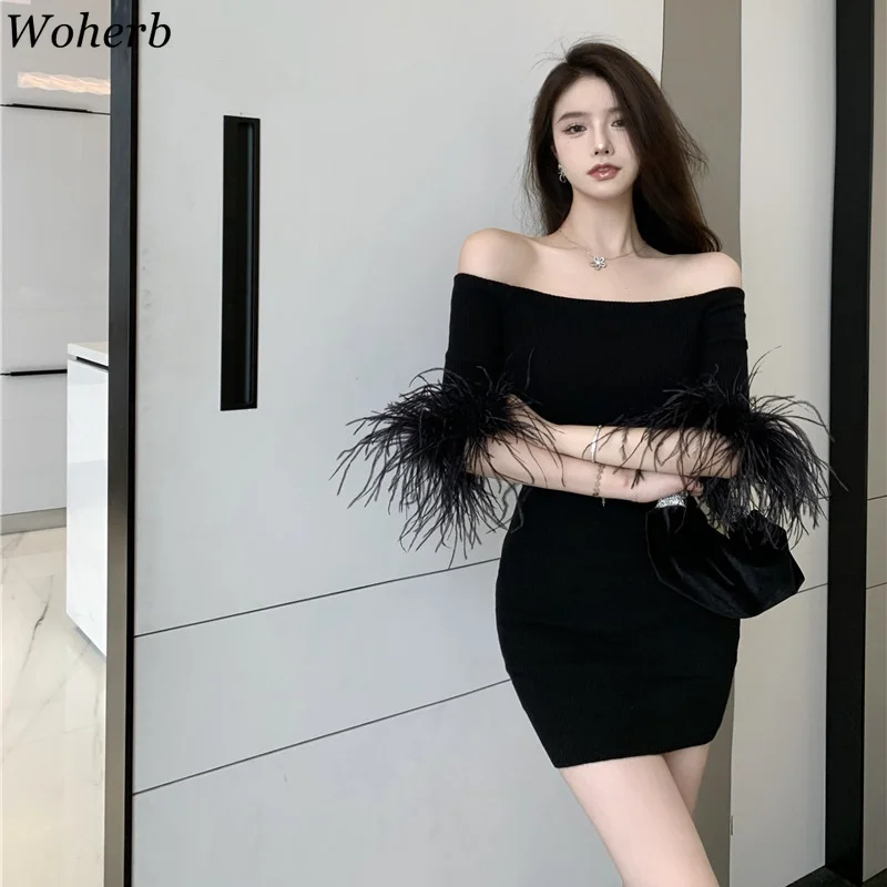 Сексуальное женское платье Woherb Осеннее черное шикарное Облегающее вязаное