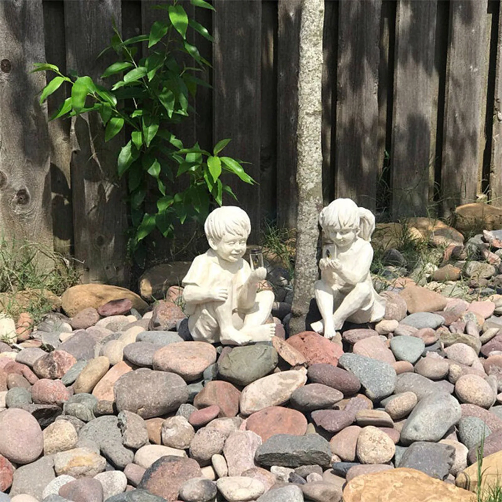 

A KID WITH SOLAR FIREFLIES GARDEN STATUE-GARDEN DECORATION Boy Girl Whimsical Flowerbed Yard Sculpture jardineria decoracion