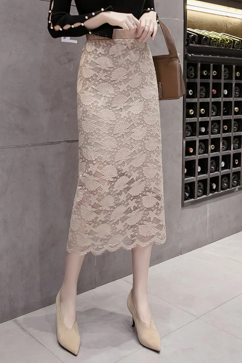 

2021 Spring Autumn Winter Woman Midi Skirt High Waist Casual Korean Fashion Solid Package Hip Lace Knitting Irregular LX0033