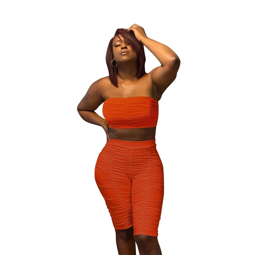 

Sexy Two Piece Tracksuit Summer Outfit For Women Off The Shoulder Sleeveless Crop Top And Pleated Knee Length Pant Matching Suit