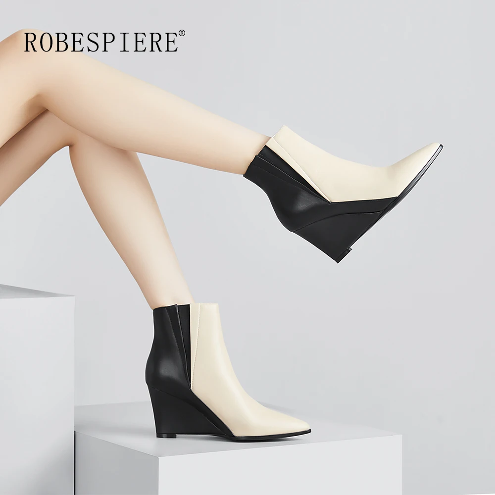 Женские ботинки на танкетке ROBESPIERE Зимние ботильоны из натуральной кожи разных