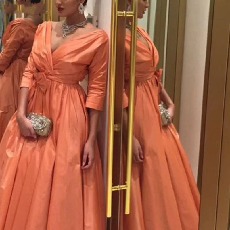 

New V Neck Half Sleeve Taffeta Evening Dress Plus Size Orange Vestidos Formais Cheap Prom Party Gowns Dubai Kaftan