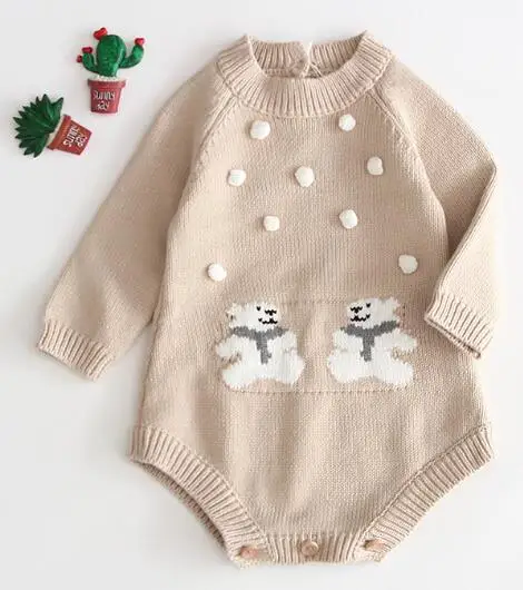 B91H44 Beige Вязаный детский комбинезон; осенняя одежда для новорожденных; Детский комбинезон с длинными рукавами и помпоном для маленьких мальчиков и девочек; комбинезон - Цвет: B91H44 Beige