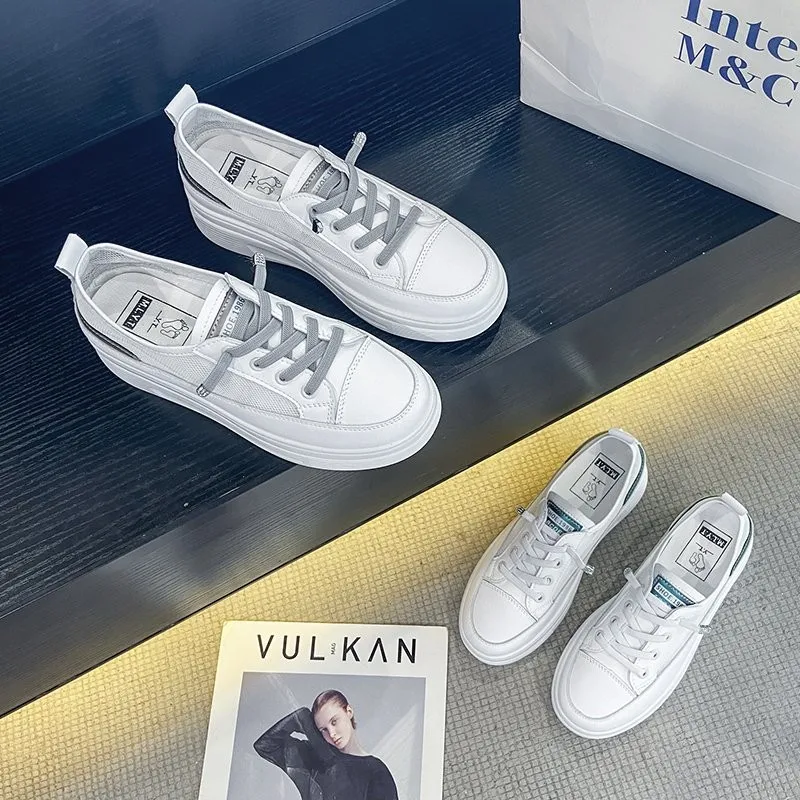 Women Genuine Leather Sneakers White Casual Shoes Fashionable Comfortable Vulcanized Shoe Woman Lace-up Flats Autumn Sneaker