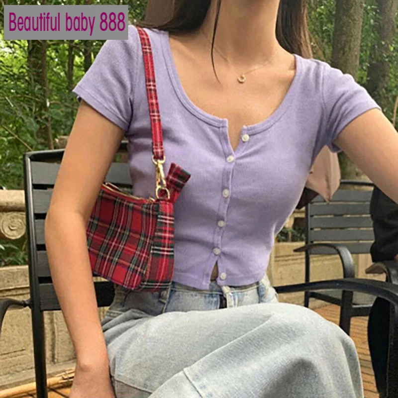 

Meqeiss 2020 New Women Spring Summer T-Shirt O Neck Short Sleeve Casual Crop Top Shirt Fashion Solid Button Sexy Tee Shirt mujer