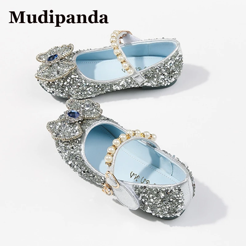 

Child's Princess Shoes Children Crystal Sequins Girls Round Head Flat Little Kids Single Pearl Soft Bottom Leather Shoes Glitter