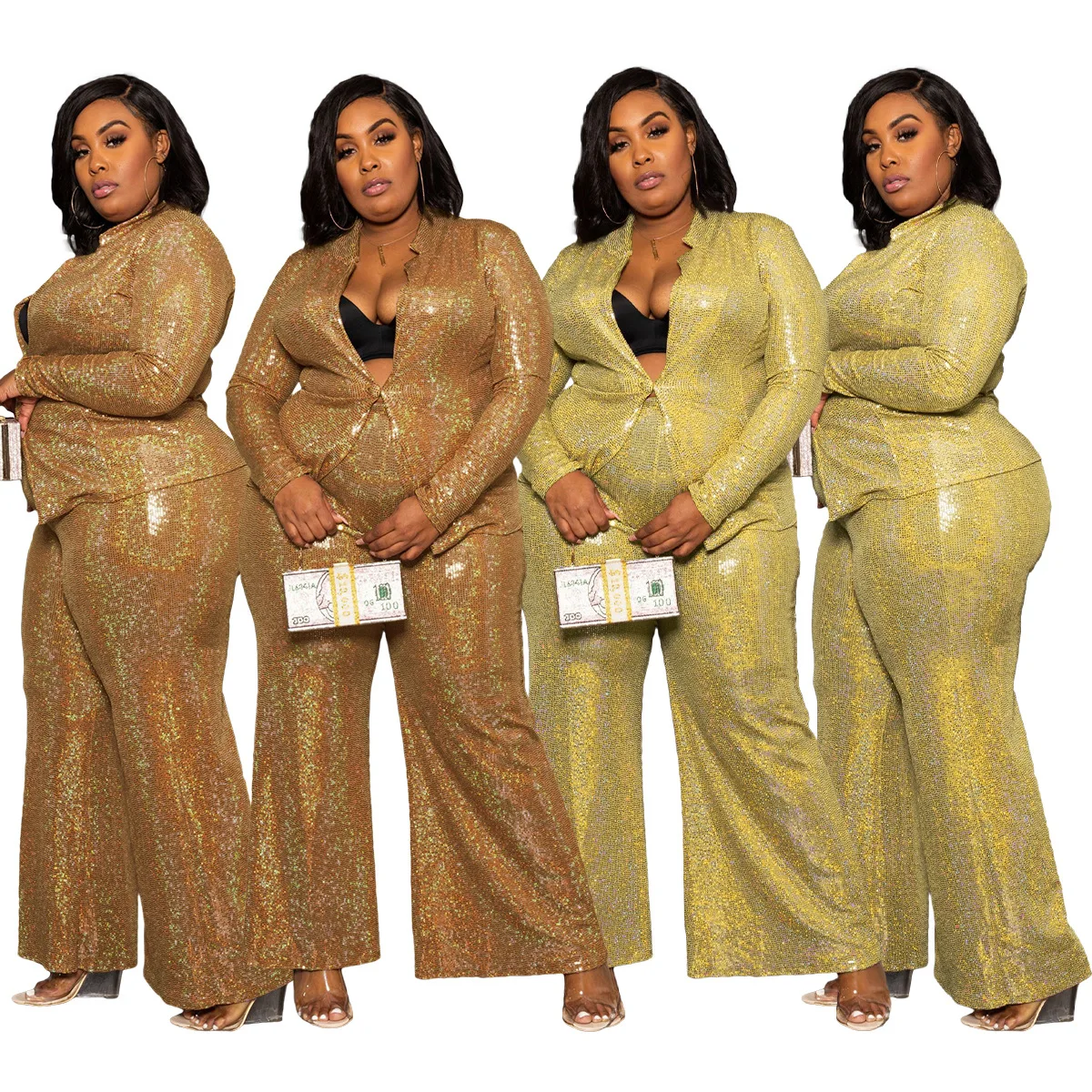 Sparkle Sequins Stunning Women Two Piece Sets Plus Size Outfits Long Sleeves Coat Oversize Pants Nightclub Party 2PCS Suits 2022