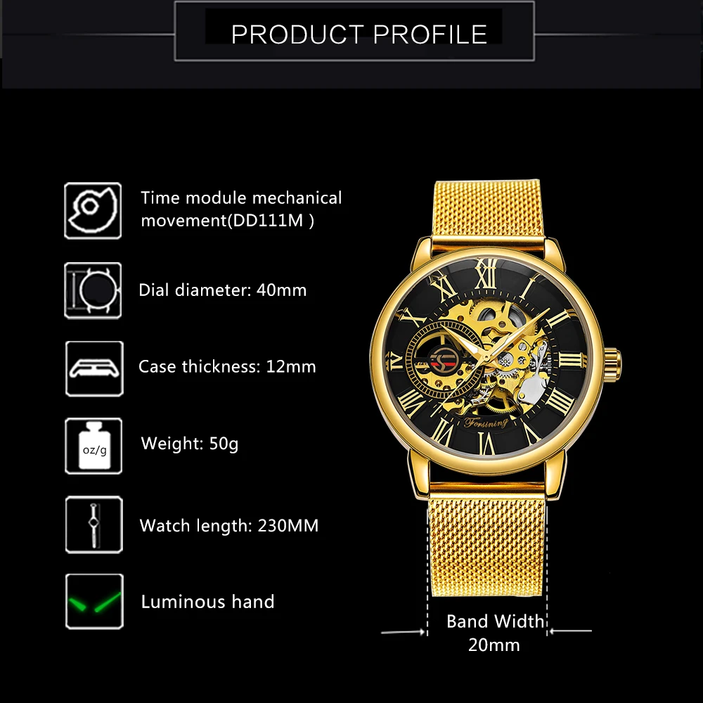 

FORSINING Skeleton Dial Mens Watches Top Brand Luxury Mechanical Watch for Men Ultra Thin Mesh Strap Roman Numerals Male Clock