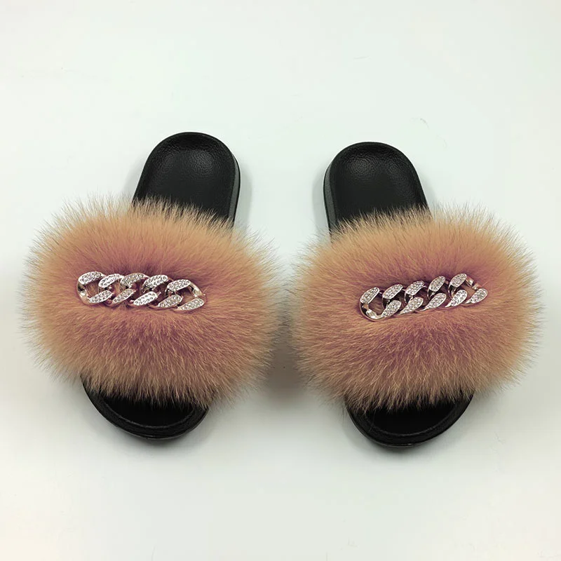 

New Arrivals Girls Luxury Fluffy Fur Slippers Ladies Indoor Warm Furry Fox Fur Slippers Women Fur Slippers Wholesale Hot