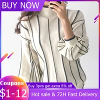 sweaters for women 2021 throat female puff sleeve stripe elegant office ladies long sleeve top korean autumn knitted jumper