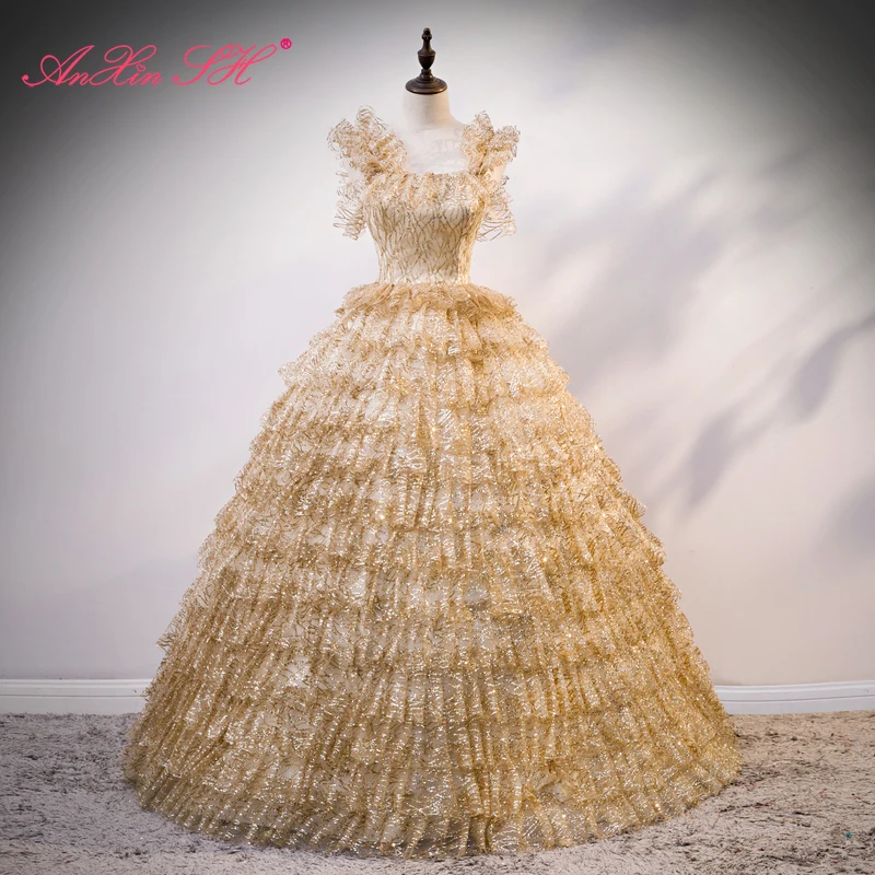 

AnXin SH vintage princess golden lace sweetheart bride ball gown party stage host fringed dress ruffles lace up evening dress