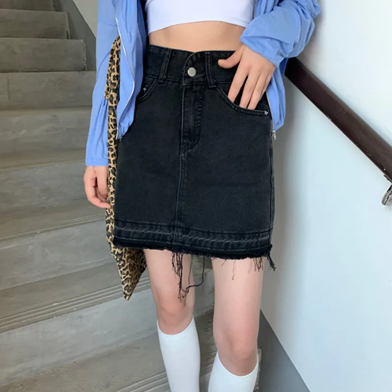 

SML Skinny Pencil denim skirt for women 2021 korean style summer Sexy high waist mini jeans skirts with Tassel (F9035