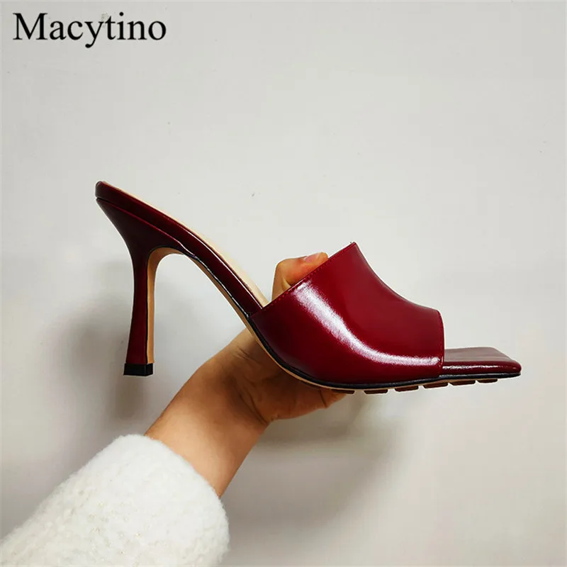 

Summer Real Leather Slippers Square toe High Heel Shoes Formal Party Sandals Women Designer High Heels