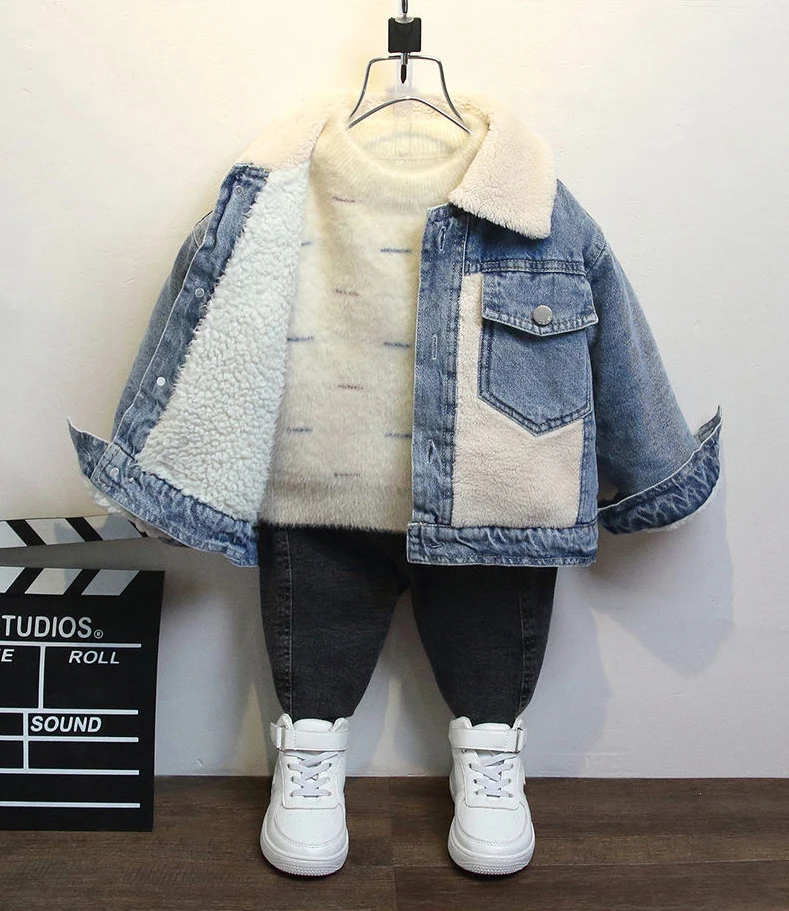 

Пальто из овечьей шерсти для детей; Утепленная зимняя детская джинсовая куртка Верхняя одежда 2021 Новая осень отложной воротник с карманами ...